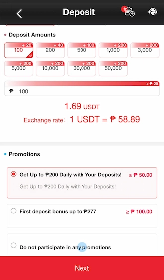 Select the amount you wish to deposit from the suggested amount